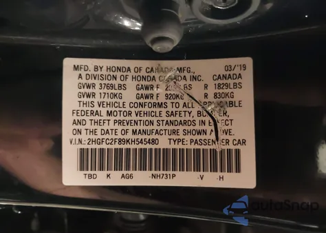 2019 Honda Civic Sport из США, поврежденный, VIN 2HGFC2F89KH545480